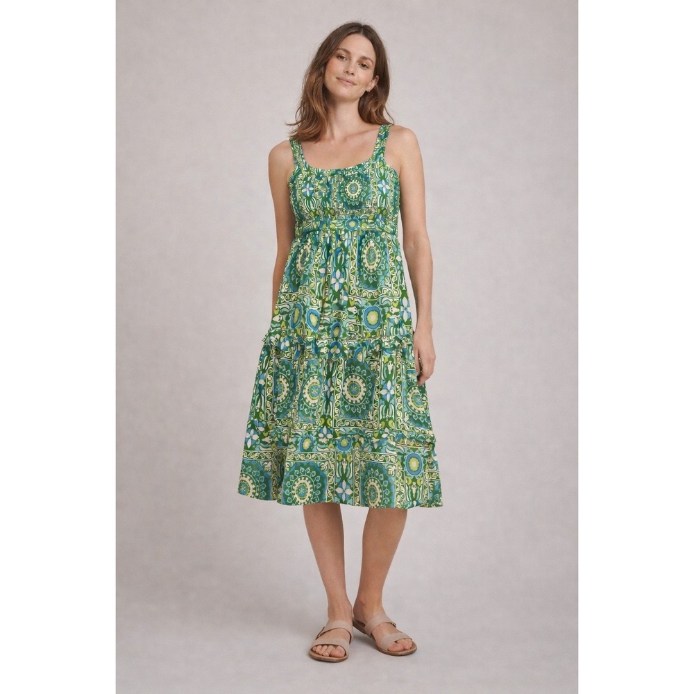Anthropologie Tiered Midi Dress Womens Small Green Blue Medallion Ruffle Smocked